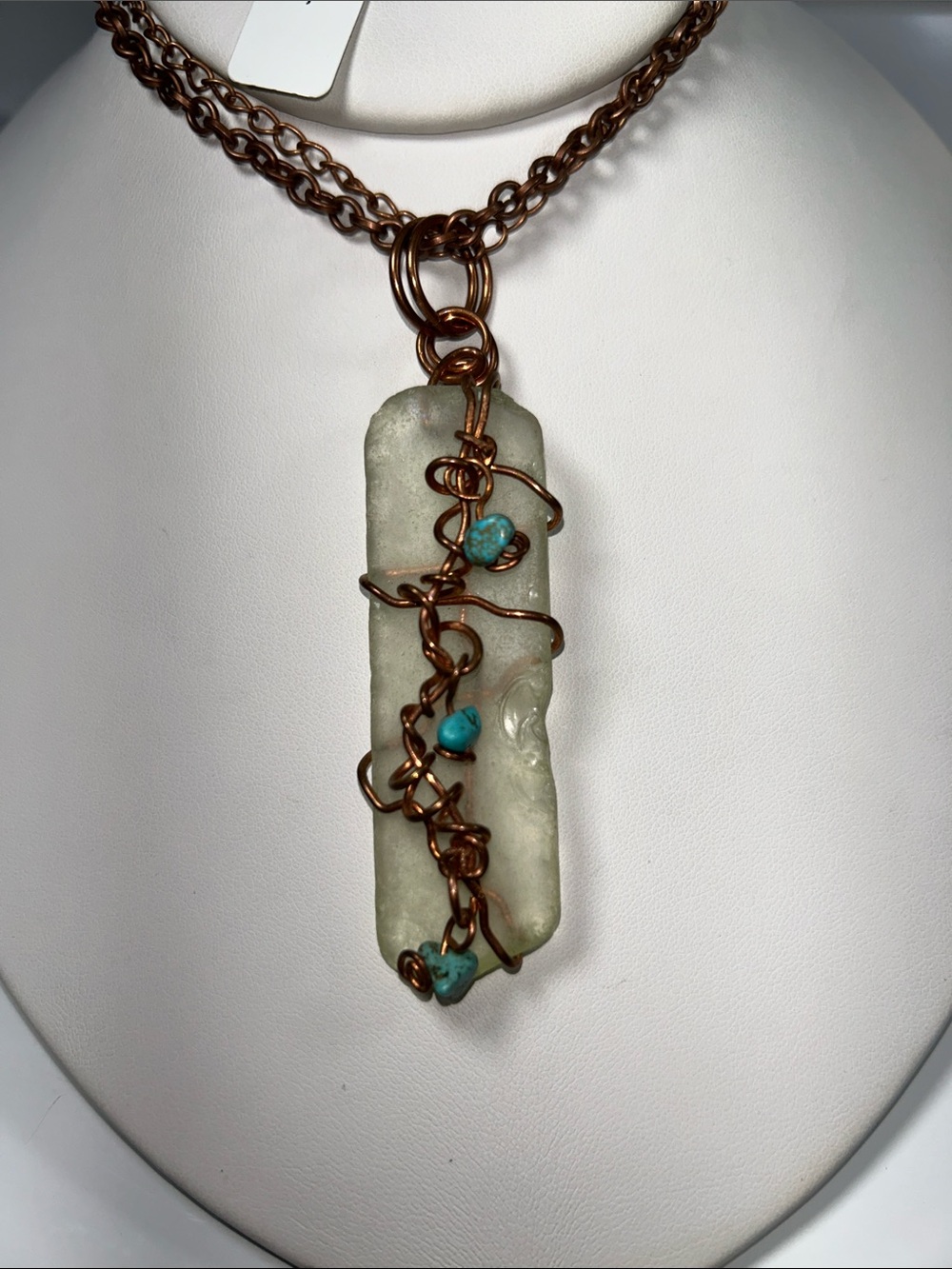 Handmade Copper Wire Set Green Sea Glass Gemstone Dangles Double Chain Necklace